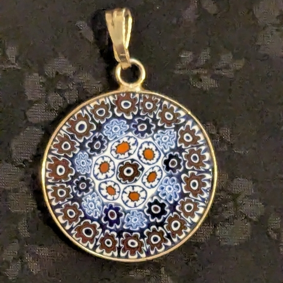 Gold Over Sterling Silver Red And Blue Millefiori Glass Floral Pendant - Picture 3 of 10